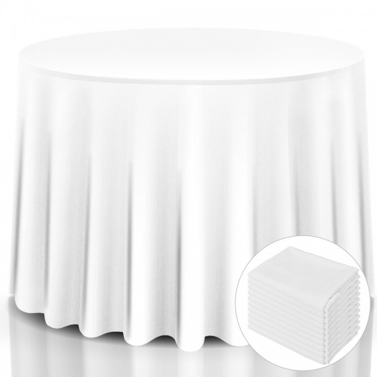 White 90-inch round tablecloth made of durable polyester, ideal for weddings and restaurants, featuring elegant surged.
